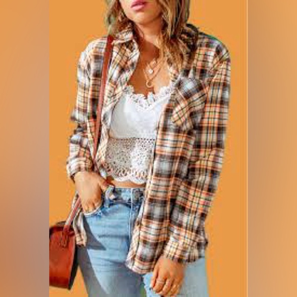 Plaid Flannel Long Sleeves Button down Shirt - Orange and Blue